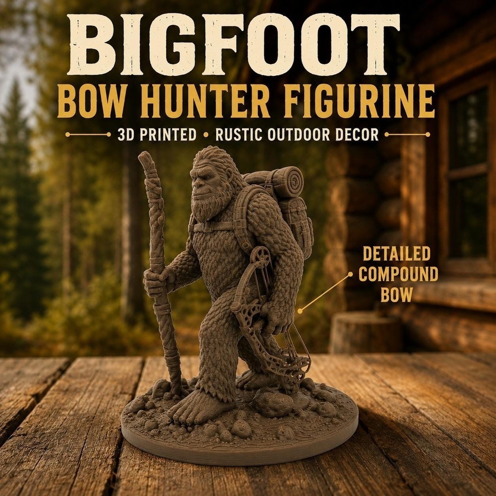Bigfoot Bow Hunter Figurine 6" 3D Printed Sasquatch Rustic Outdoor Cabin Decor